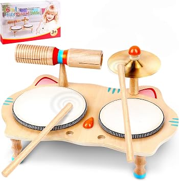 WINGYZ Kids Drum Set 6-in-1 Wooden Musical Instruments for Toddlers 13, Montessori Baby Music Set with Drums, Cymbal & Tone Block, FSC-Certified Cat Design Table for Home & Classroom Learning Gift