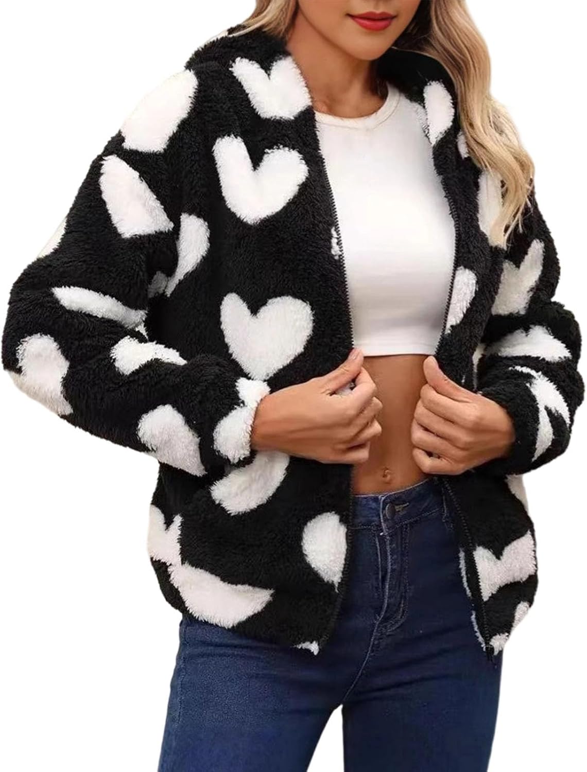 Womens Fleece Cropped Jacket Fall Winter Full Zip Fuzzy Coat Fashion Print Cardigan Coats Shaggy Warm Winter Outerwear