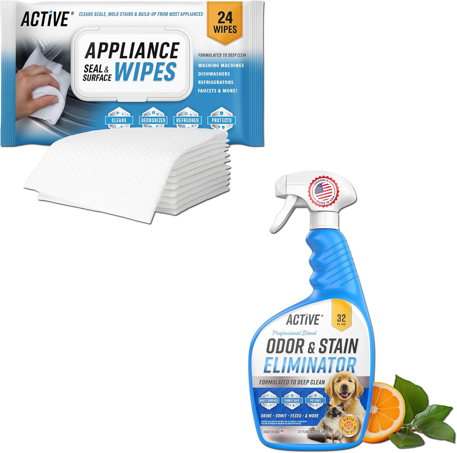 ACTIVE Appliance Cleaner Wipes and Pet Odor and Stain Eliminator - Includes 24pk Appliance Surface Wipes and 32oz Pet Spray Enzyme Cleaner