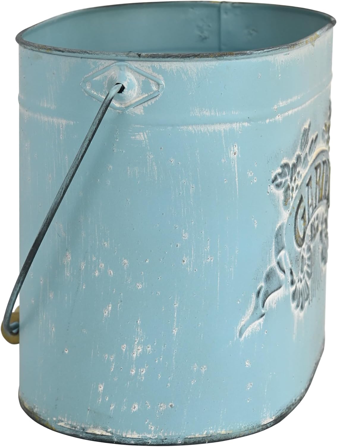 Vintage Distressed Blue Metal Planter Pot with Handles, Garden No.2 Embossed Design, Rustic Farmhouse Flower Bucket for Indoor Outdoor Gardening, Succulents, Herbs, Home Decor