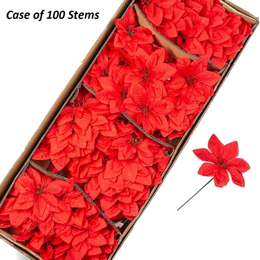 Case of 100 Artificial Red Poinsettia Floral Picks - Red Christmas Flowers for Christmas Tree Decorations and Holiday Craft Decorating (6 Inches Dia)