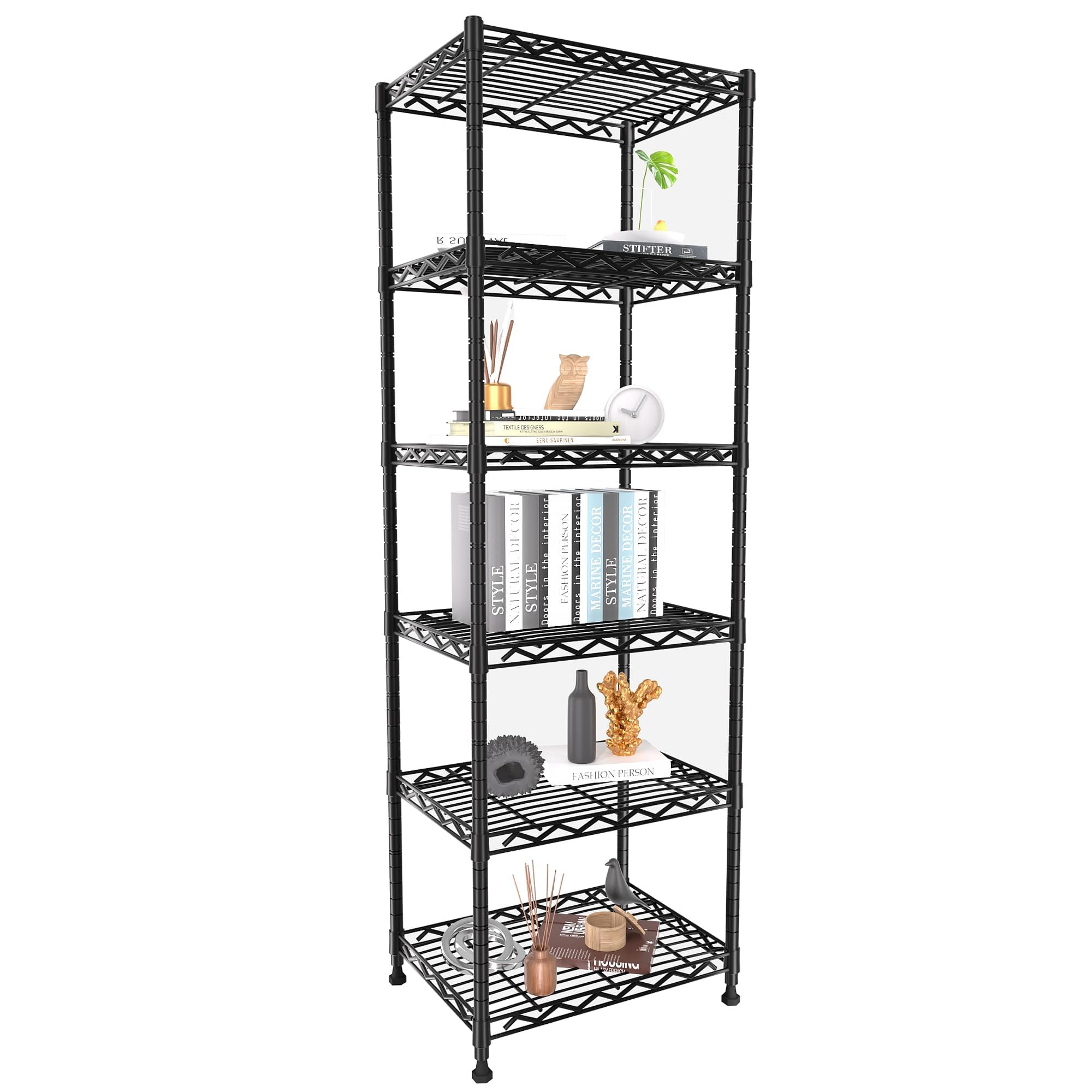 GIOTORENT 6-Tier Storage Shelves Standing Shelving Metal Units, Adjustable Height Wire Shelf Display Rack for Pantry Laundry Bathroom Kitchen 16.6” x 11.8” x 63”, Black