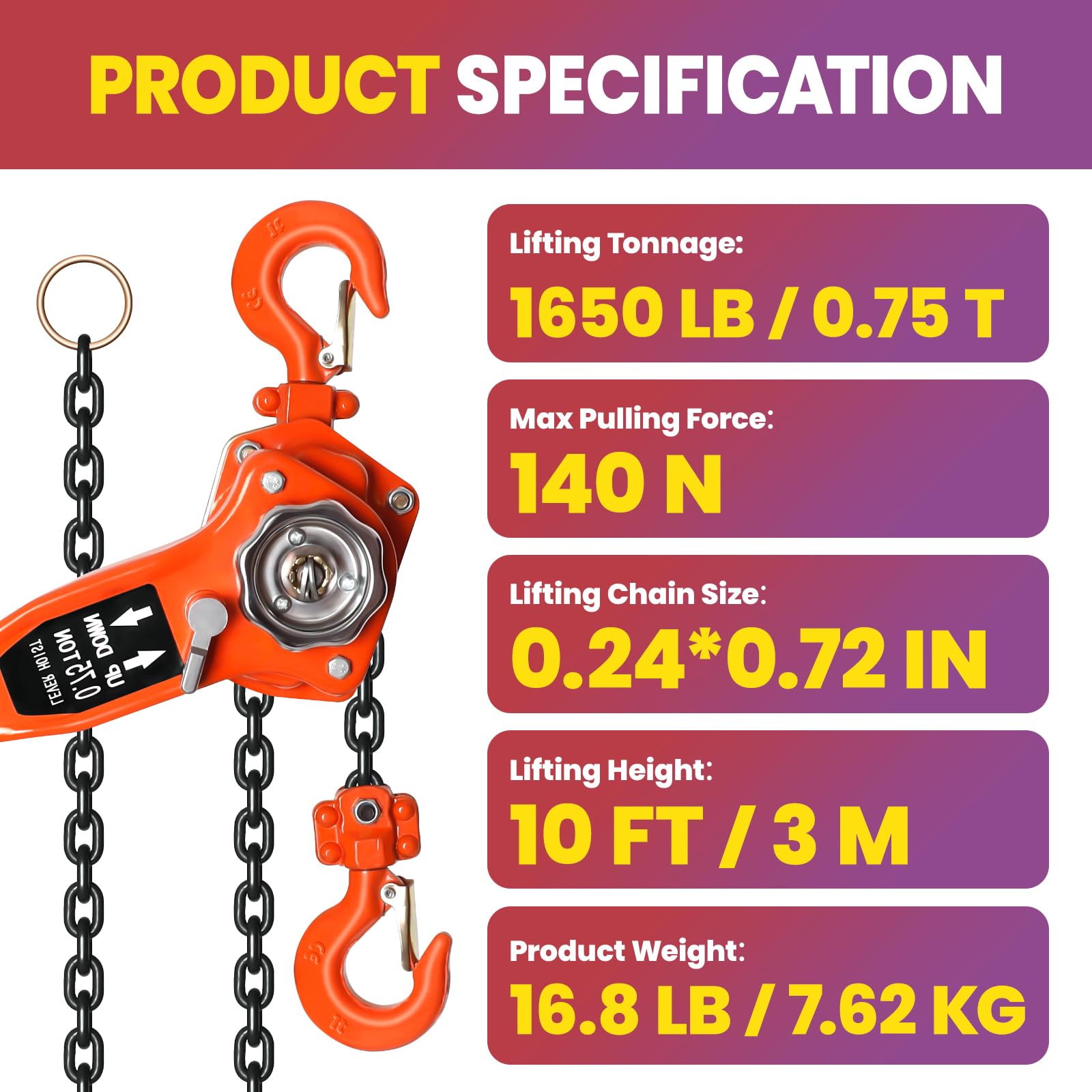 1650 Lbs Capacity 3/4 Ton 10 Feet Lever Chain Hoist with 2 Heavy Duty Hooks, Chain Come Along for Warehouse Building Automotive Machinery (1650 Lb 10Ft)