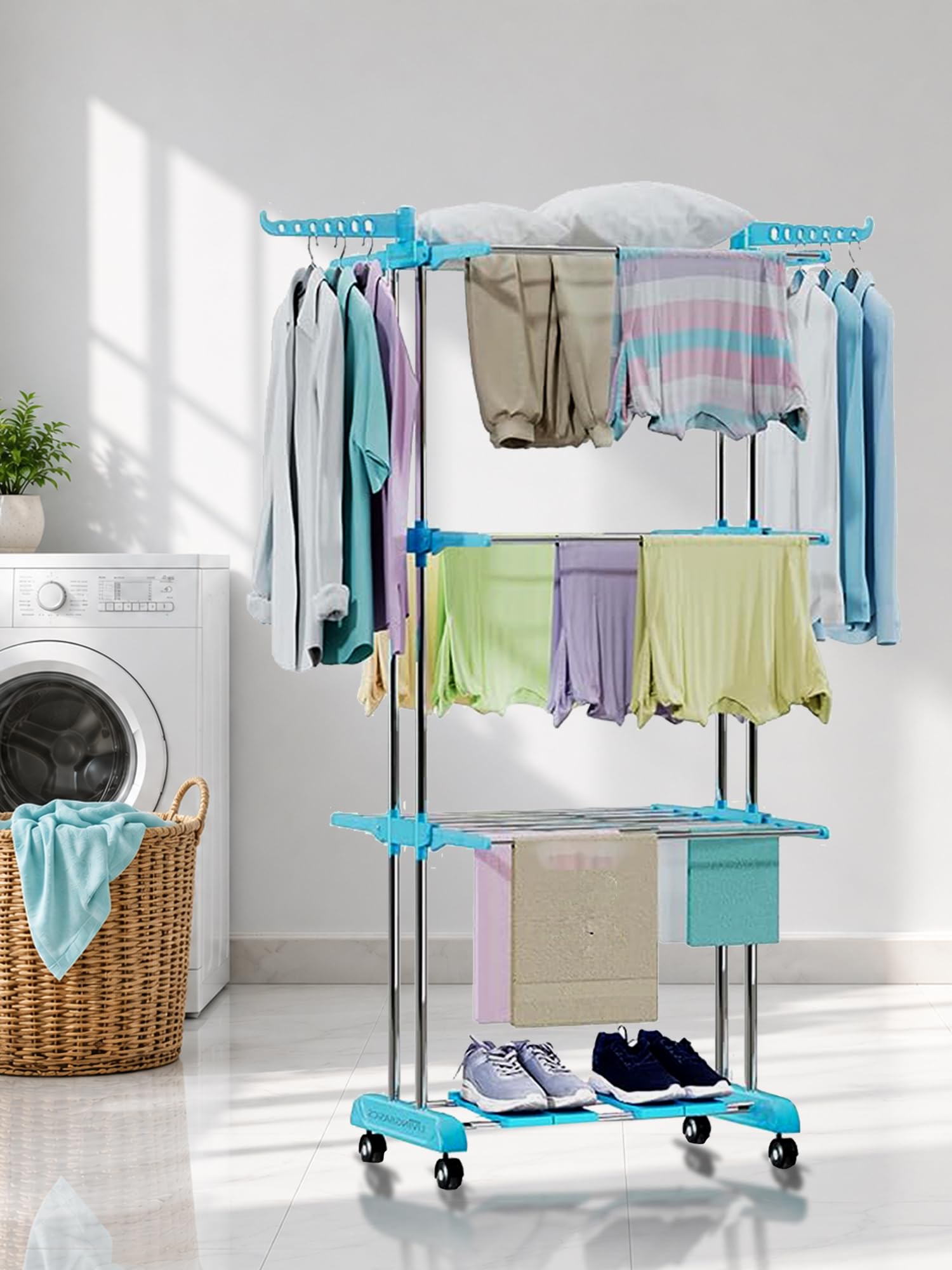 LIVINGBASICS 3 Layer Clothes Stand for Drying, Cyan Blue + 4 Shoe Shelves