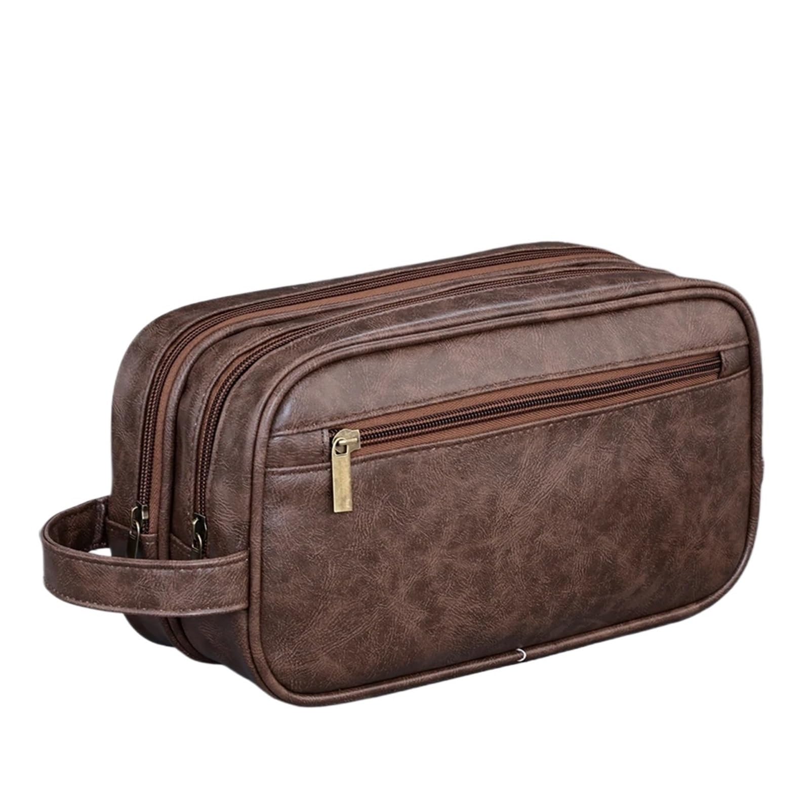 Neceser De Viaje Neceser de Doble Capa for Hombre, Organizador de Lavado de Viaje de Cuero PU, Bolsa de cosméticos de Afeitado Resistente al Agua, Almacenamiento para Viajes(Coffee)