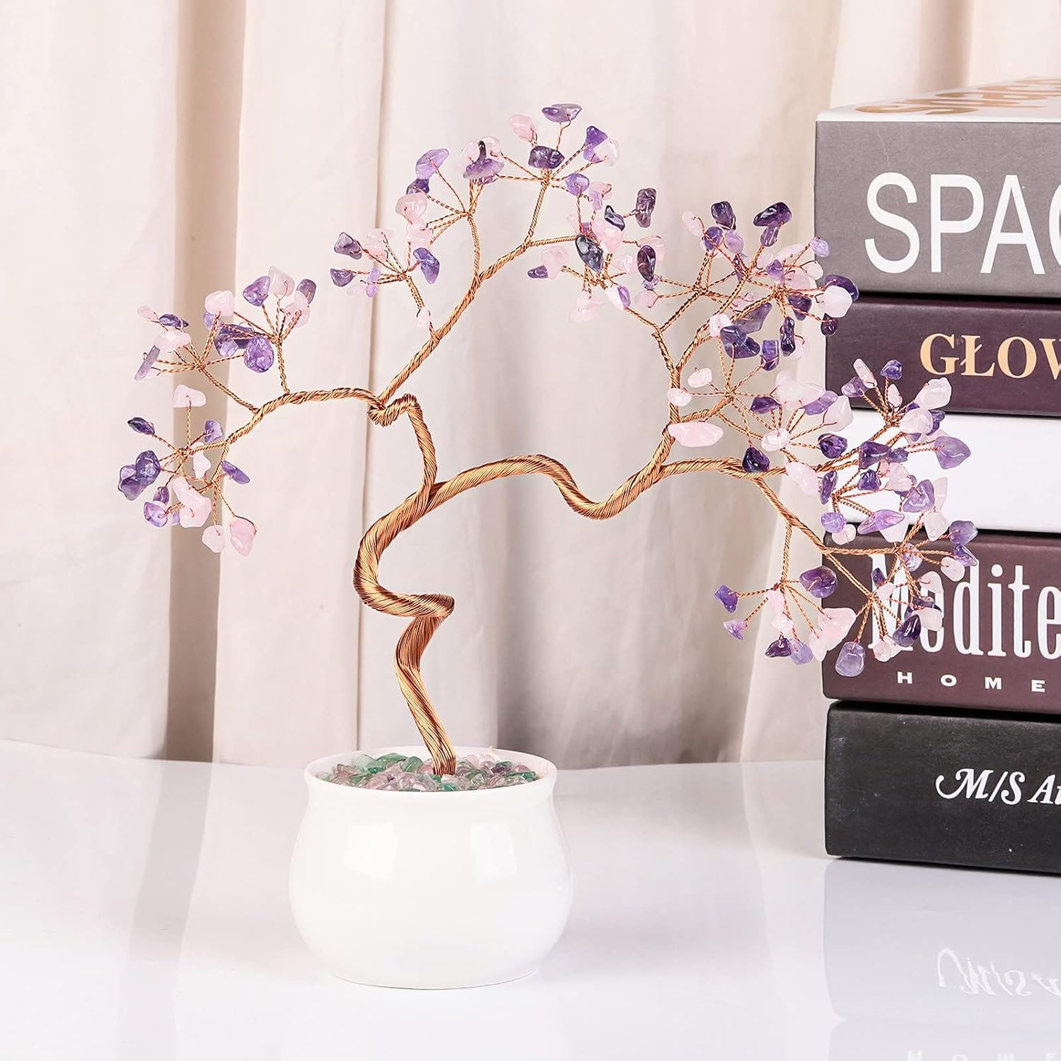 Nupuyai Amethyst & Rose Quartz Crystal Money Tree with Ceramic Base, Good Luck Healing Stone Feng Shui Bonsai Gem Tree Spiritual Ornament for Home Office Decor, 20-24cm - Image 4