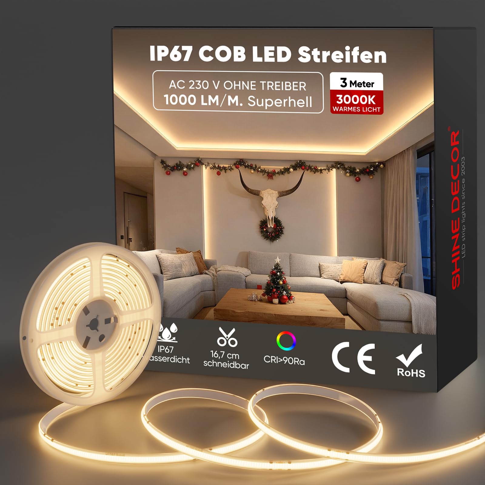 Shine Decor COB LED Streifen 3m, AC 230V IP67 Wasserdicht Flexible LED-Neon Lichterketten, 432 leds/m Ultrahelle Strip Light Band für Innen Außen Beleuchtung (3000K Warmweiß,CE Zertifiziert)