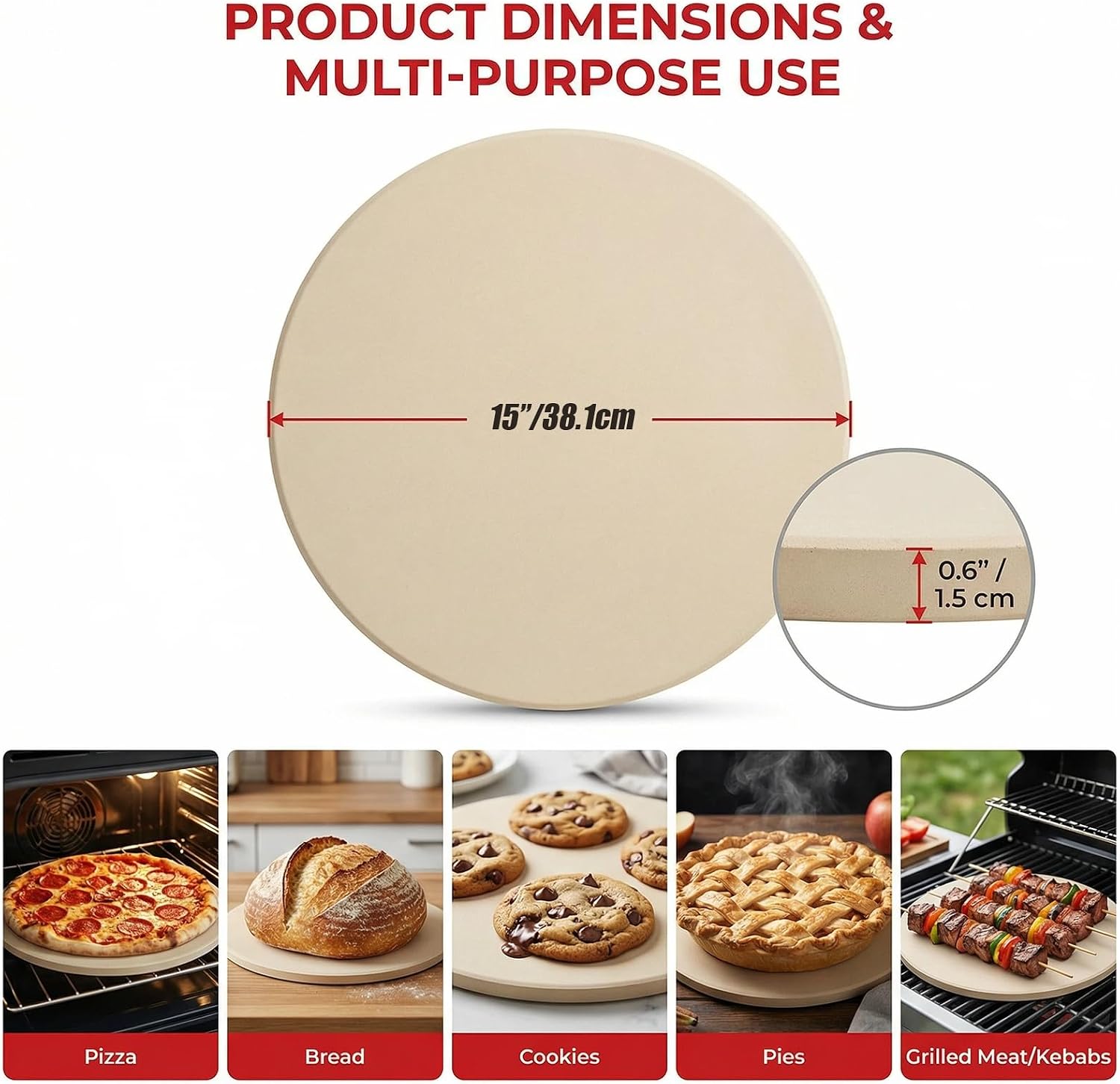 15 Inch Round Cordierite Pizza Stone, 1472°F Heat Resistant, Thermal Shock Resistant Heavy Duty Stone for Oven & Grill