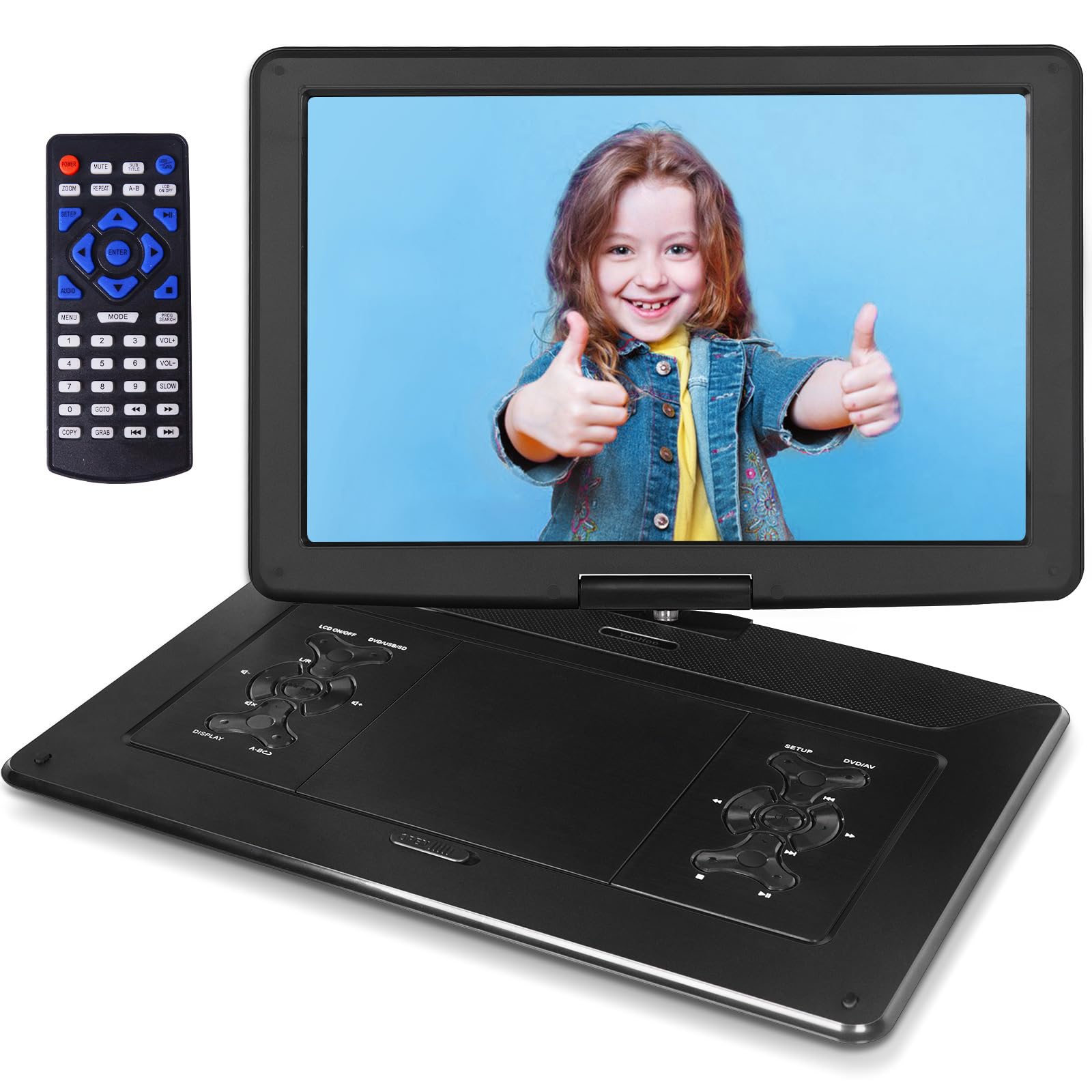 Reproductor de DVD portátil de 22"con pantalla giratoria LCD grande 16:9 de 16", reproductores de juegos de TV HD, compatible con vídeo 1080P, tarjeta SD/USB/entrada/salida AV, MP4, pantalla de sinc