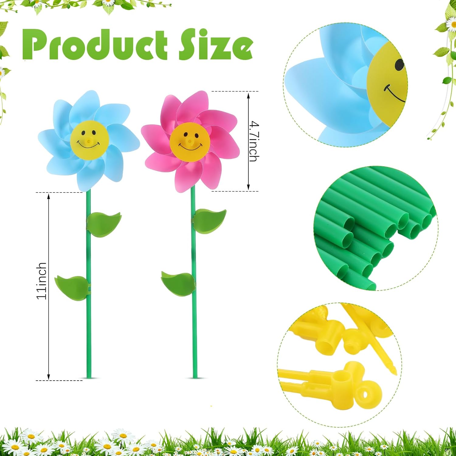 Deekin 99 Pcs Smiling Flower Pinwheels for Yard and Garden Plastic Colorful Wind Spinners Bulk End of Year Gifts Windmill Set for Spring Summe Outdoor Lawn Patio Home Work Decor Birthday Party Favors