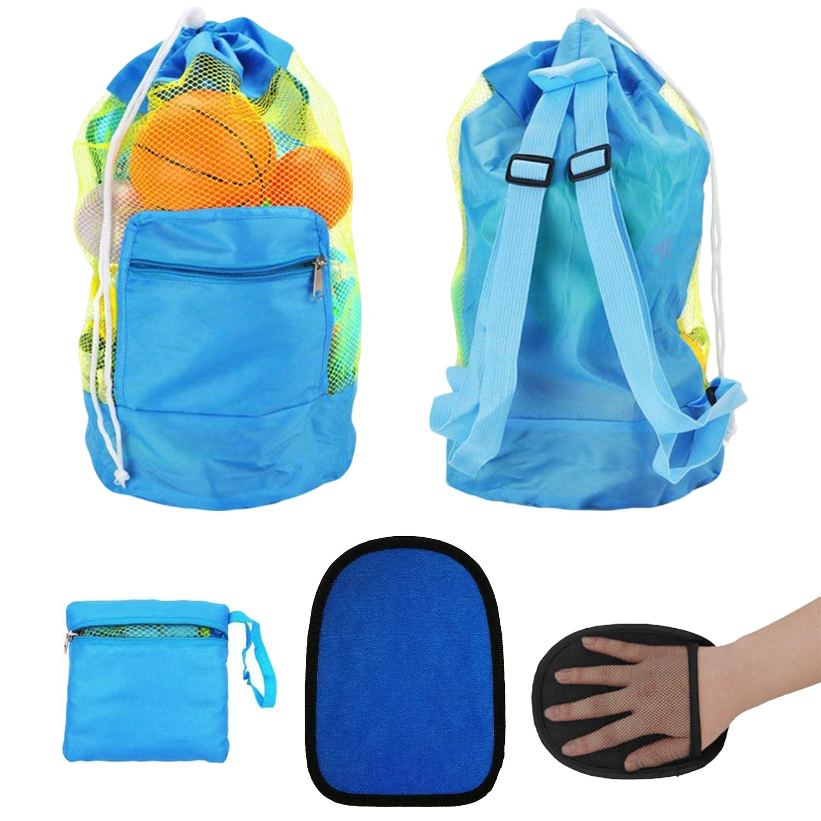Bolsa de Juguetes Playa de Malla 48 * 24cm Bolsa Plegable de Malla de Playa Azul Incluye 1 Guante Bolsas de Juguetes Plegable Portátil Reutilizable para Niños Guardar Concha