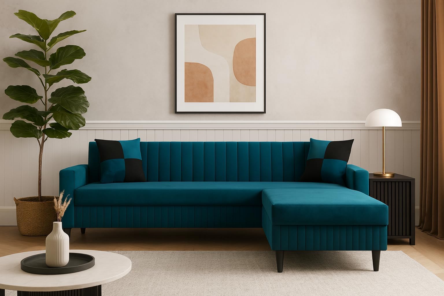 FURNY Gracina Fabric 4 Seater Convertiable L Shape Sofa Set 3 Seater Modern Sofa Set & Ottoman for Living Room (Teal) with Velvet Fabric