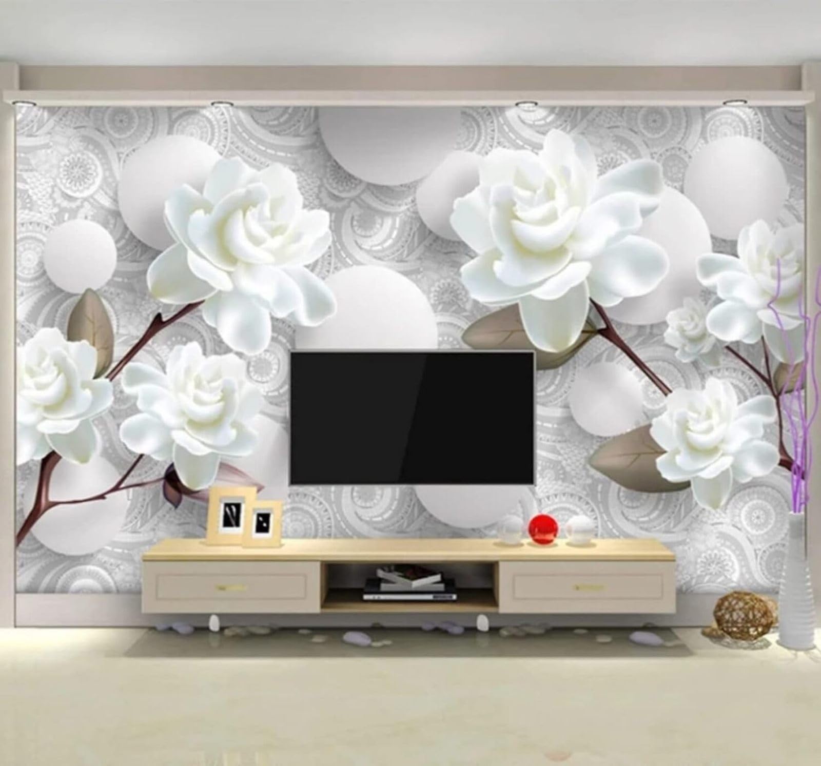 XLMING Minimalist Three Dimensional White Peony Flower Sphere 3D Wallpaper Luxury Silk Study Dining Feature Sofa Grey Bedroom Living Room Tv Decorative Wall-400cm×280cm
