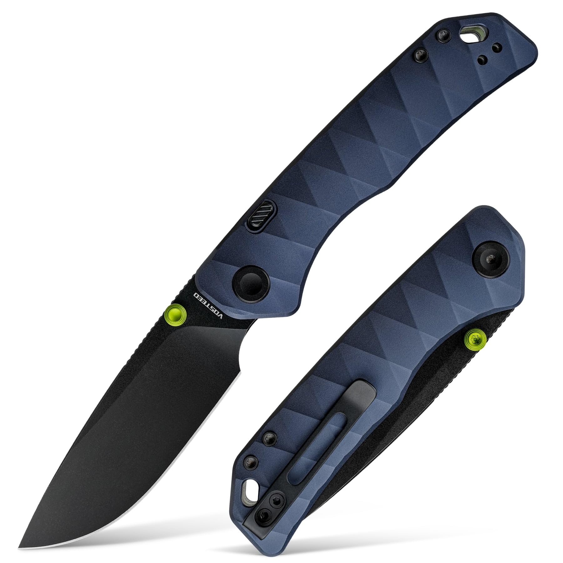 Vosteed Marten EDC Folding Pocket Knife - 3.30" 154CM Black Stonewash Blade - Top Liner Lock, Dark Slate Blue Aluminum Handle - Camping, Fishing Knives - A1615