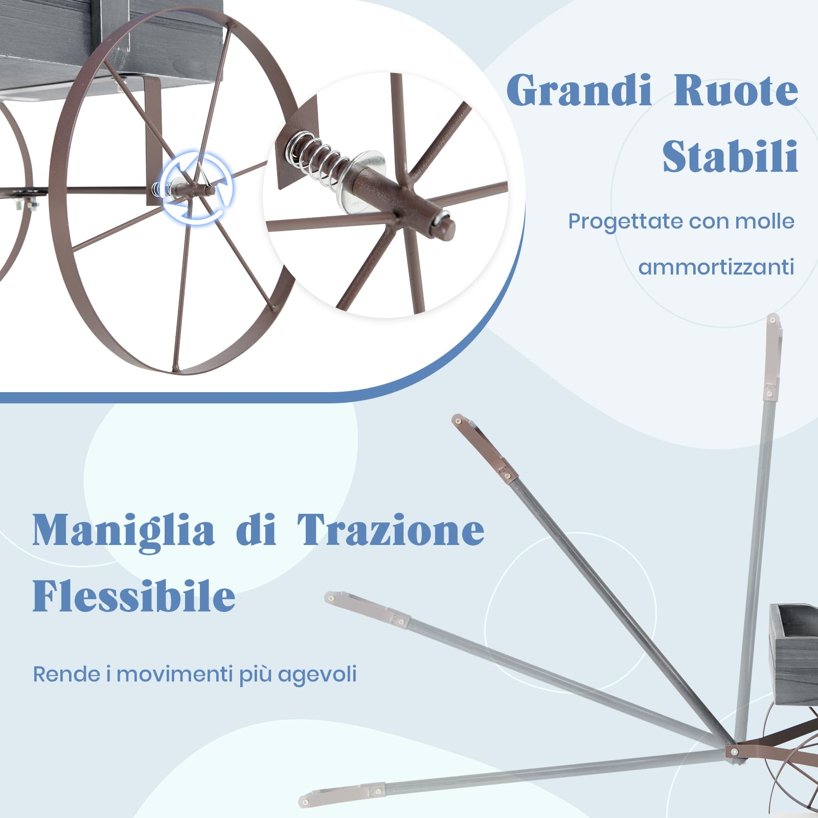 RELAX4LIFE Fioriera da Esterno a Forma di Carriola 62x34x60cm, Fioriera in Legno di Abete con 4 Ruote e Maniglia Regolabile, Carriola Portafiori con Drenaggio per Giardino, Terrazzo, Max 15kg (Grigio)
