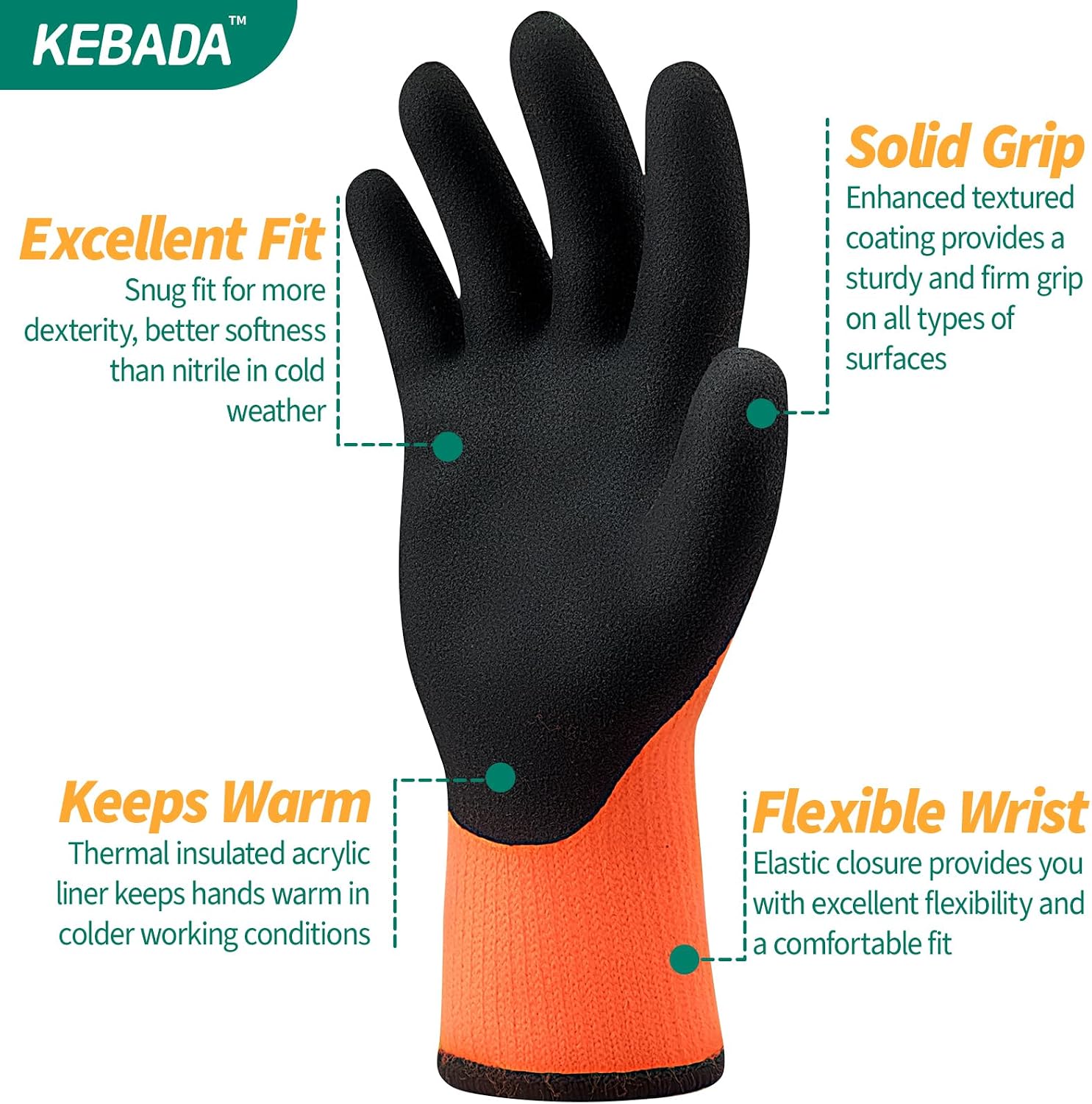 Kebada T3 Winter Work Gloves for Men and Women, Warm Knit Cold Weather Work Gloves, Thermal Insulated Freezer Gloves, 100% Latex Coating Non-slip Grip, Long Wrist Design, 3 Pairs, Orange, XX-Large