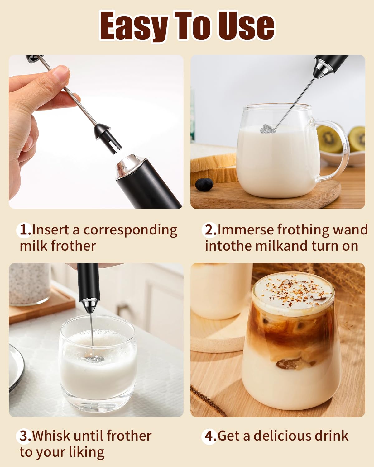 3 In 1 Montalatte Portatile Ricaricabile USB Elettrico Con 3 Velocità Regolabile, Schiumatore Latte Con 3 Frullini per Cappuccino, Caffè, Latte, Uova