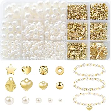 1000pcs Pearl Beads for Jewelry Making, Silver Spacer Beads DIY Kit, Girls Friendship Bracelet Making Kit Golden