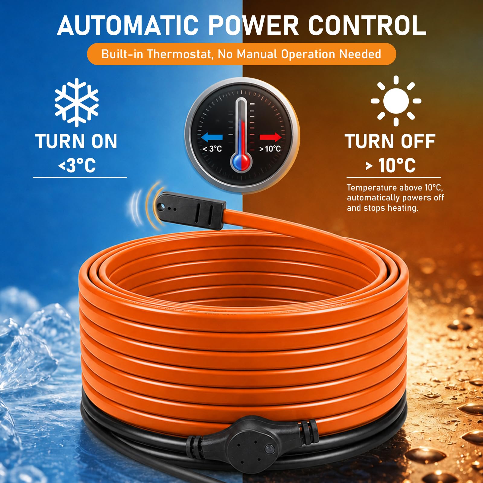CPROSP 12m Cable calefactor Antihielo con Termostato 25W/m, para Tuberías