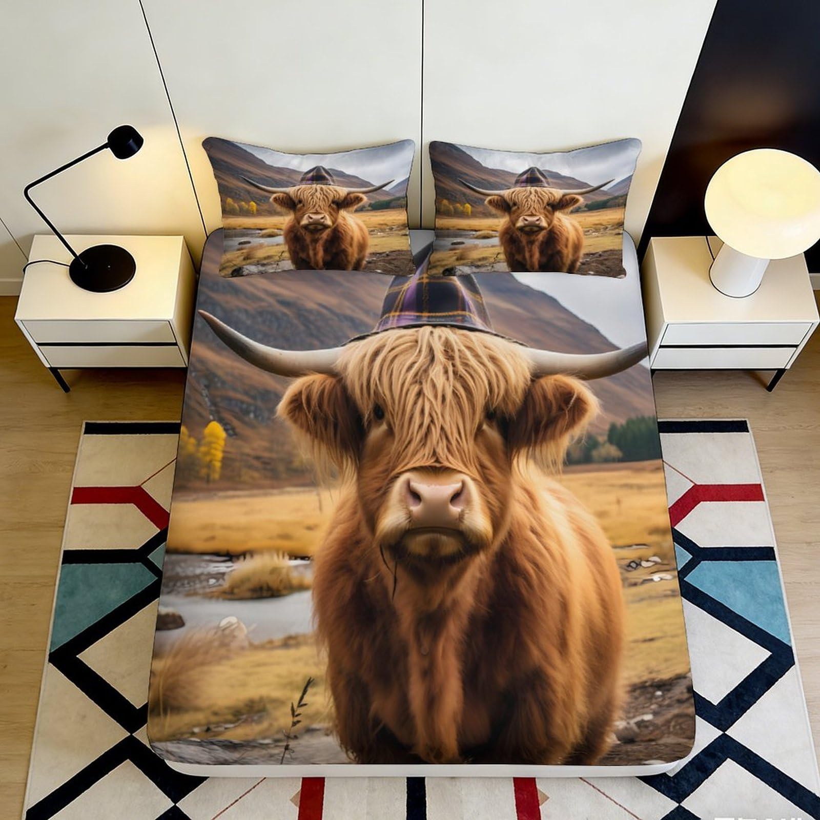 Pnayamiorkfel Style-4 3D Printed Highland Cow Fitted Sheet Microfiber Soft Brown Animal Bed Cover For Bedroom Guest Room Decor 90X200x25cm