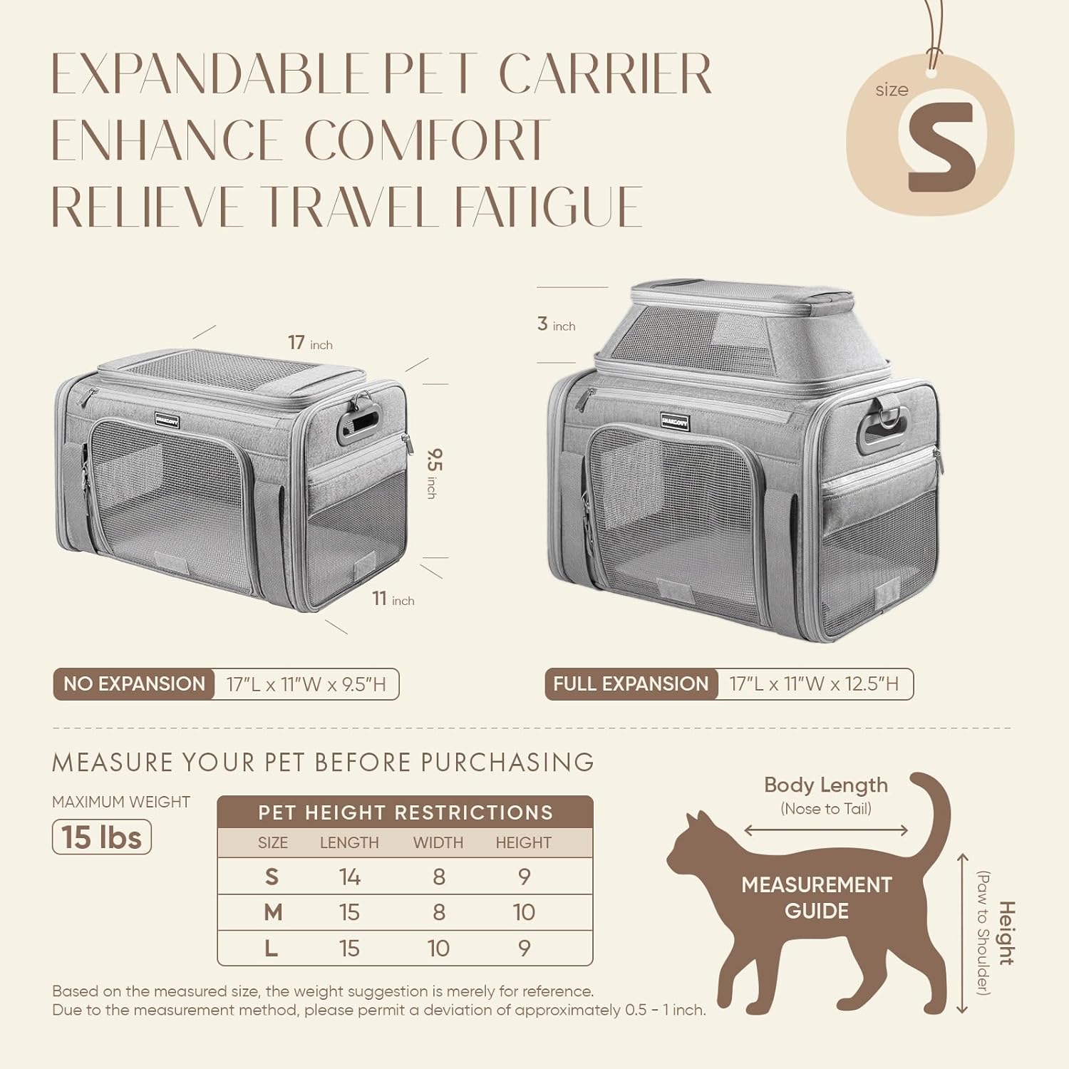 Top-Expandable Pet Carrier with Treat & Pet Window,17x11x9.5 Inch Alaska Hawaiian Airline Approved,Soft-Sided Dog Carrier for Small Dogs and Cats,Travel Cat Carrier with Locking Safety Zippers,Grey