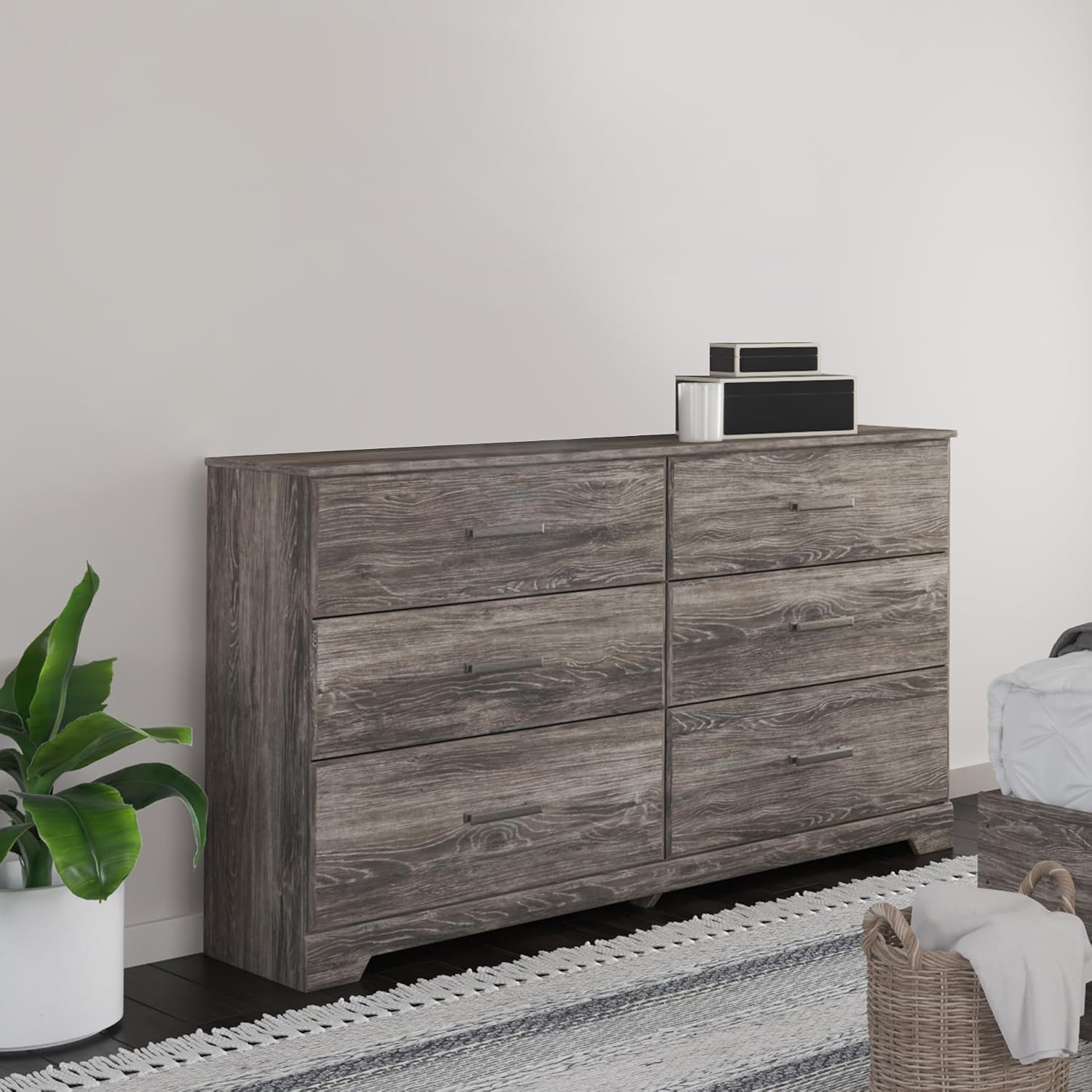 Signature Design by Ashley Ralinksi 6-Drawer Rustic Gray Double Dresser | Engineered wood and decorative laminate, Rustic warm gray finish, ASTM F 2057 certified, Estimated 5-minute assembly