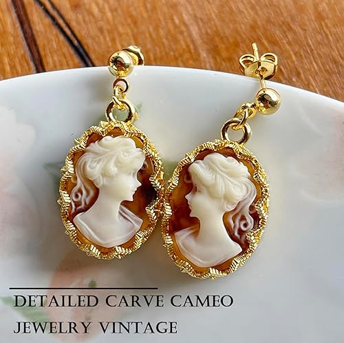 Miniatura 2 de Aretes colgantes de silueta de camafeo de inspiración vintage, aretes de oro de 14 quilates para mujer