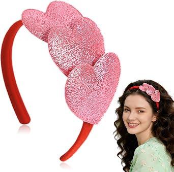 Valentines Heart Headband Pink Sequins Hair Band,3 Glitter Love Hearts Hair Accessories for Women Girls