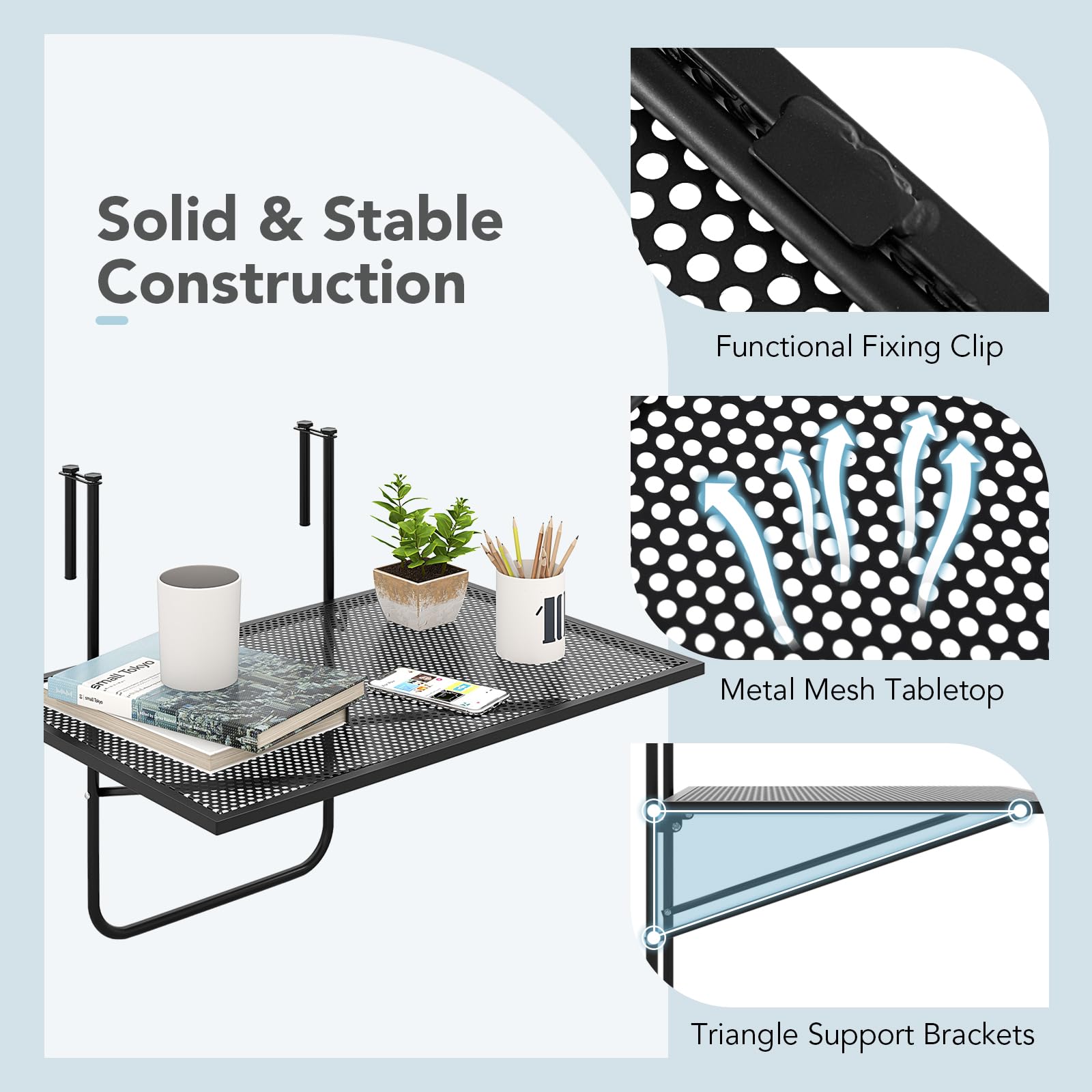 GIANTEX Składany stół balkonowy, metalowy stolik pomocniczy do balustrad | 60,5 x 40,5 x 51 cm, metalowy stolik zewnętrzny oszczędza miejsce, blat z siatki, na taras