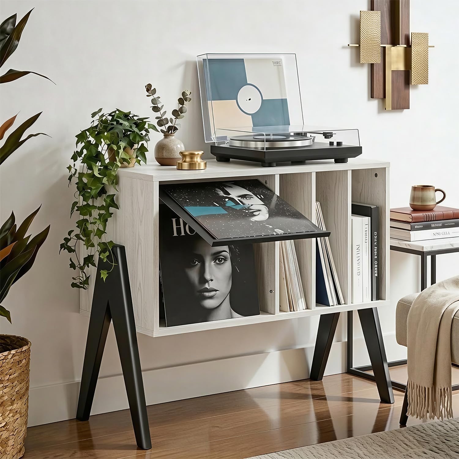 Record Player Stand with Vinyl Storage, 32" Turntable Stand with Flip-Up Album Display, Mid Century Modern White Vinyl Record Storage Cabinet, Audio Media Console Table with V-Shape Legs