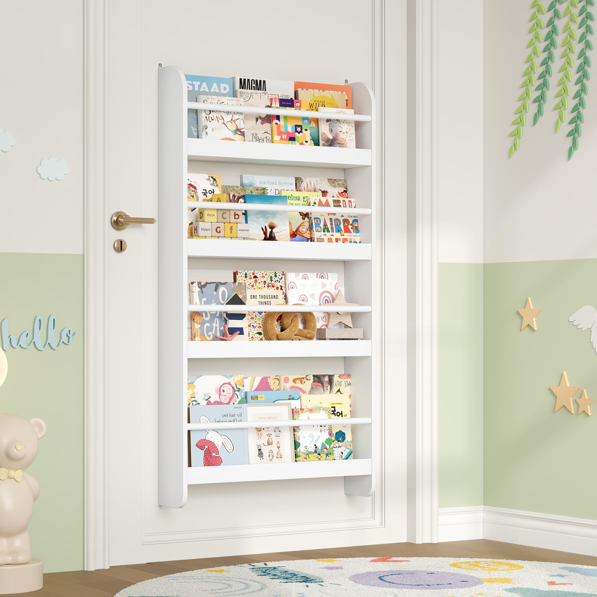 FOREHILL Bibliotheque Enfant, Bibliothèque Murale avec 4 Étagères, Etagere Murale, Rangement Livre Jouets pour Chambre d'enfants Salle de Jeux, Blanc 58x12x111cm