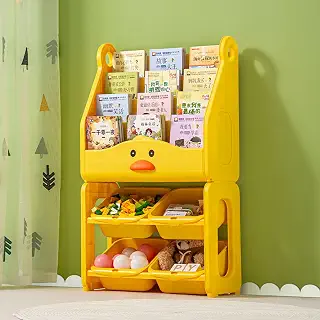 AIYOI おもちゃ収納 絵本棚 スリム 子供用収納ラック 自由に組み合わせる 可愛い鴨ちゃん 多機能 本 収納 絵本 おもちゃ箱 収納ケース 収納ボックス シェルフ キッズ収納 ブックラック 大容量 50冊ぐらい収納でき 組立簡単 安定安全 倒れにくい 子供に適合した高さ 整理整頓習慣化 子どもを読書好きに 子供部屋 入園祝い 入学 プレゼント イエロー (本棚＋収納ボックス)
