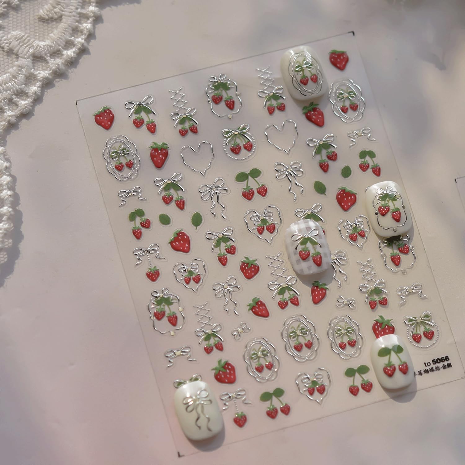 Strawberry Nail Stickers 5D Embossed Nail Stickers for Nail Art Summer Fruit Nail Art Stickers with Gold Bow Design Nails Decals Cherry Shape Nails Design for Women Girls DIY Manicure