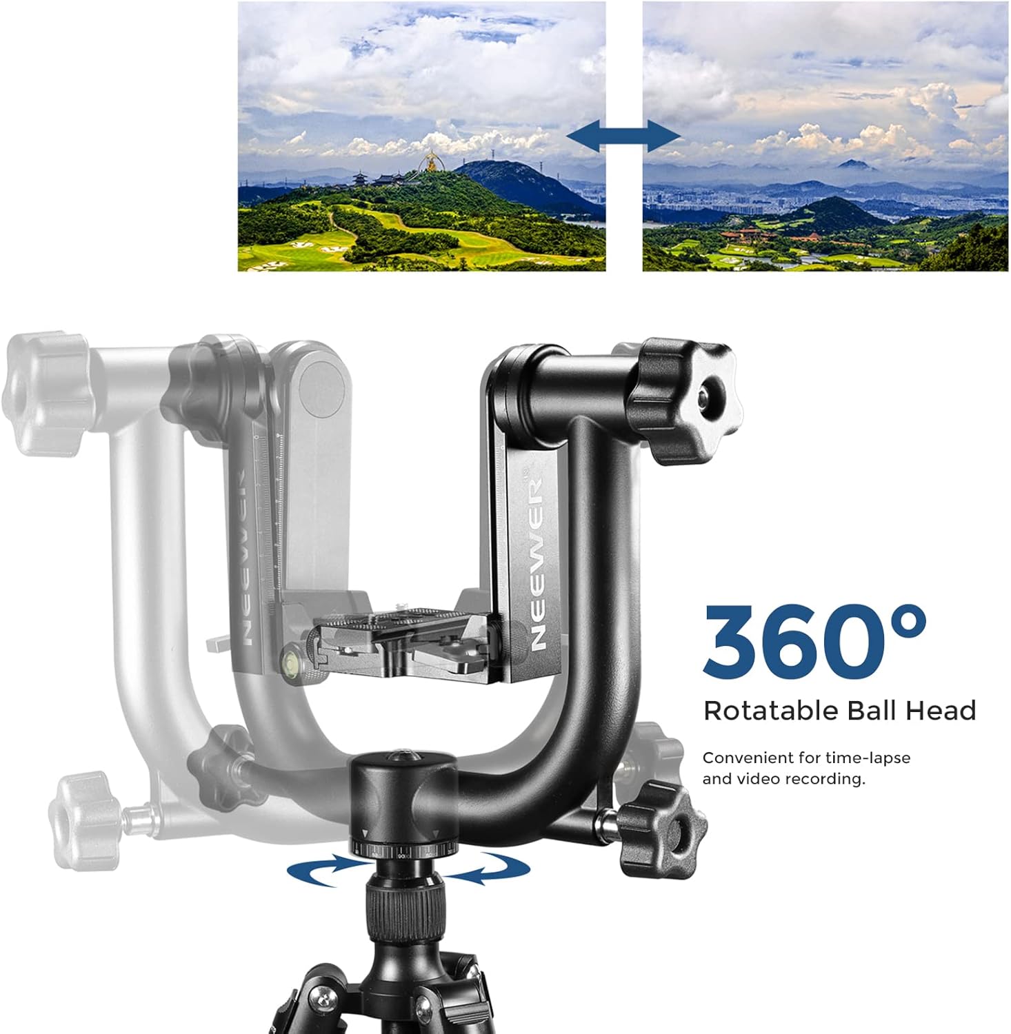 Diagram showing the 360-degree rotatable ball head of the NEEWER Gimbal Tripod Head, with example panoramic images.