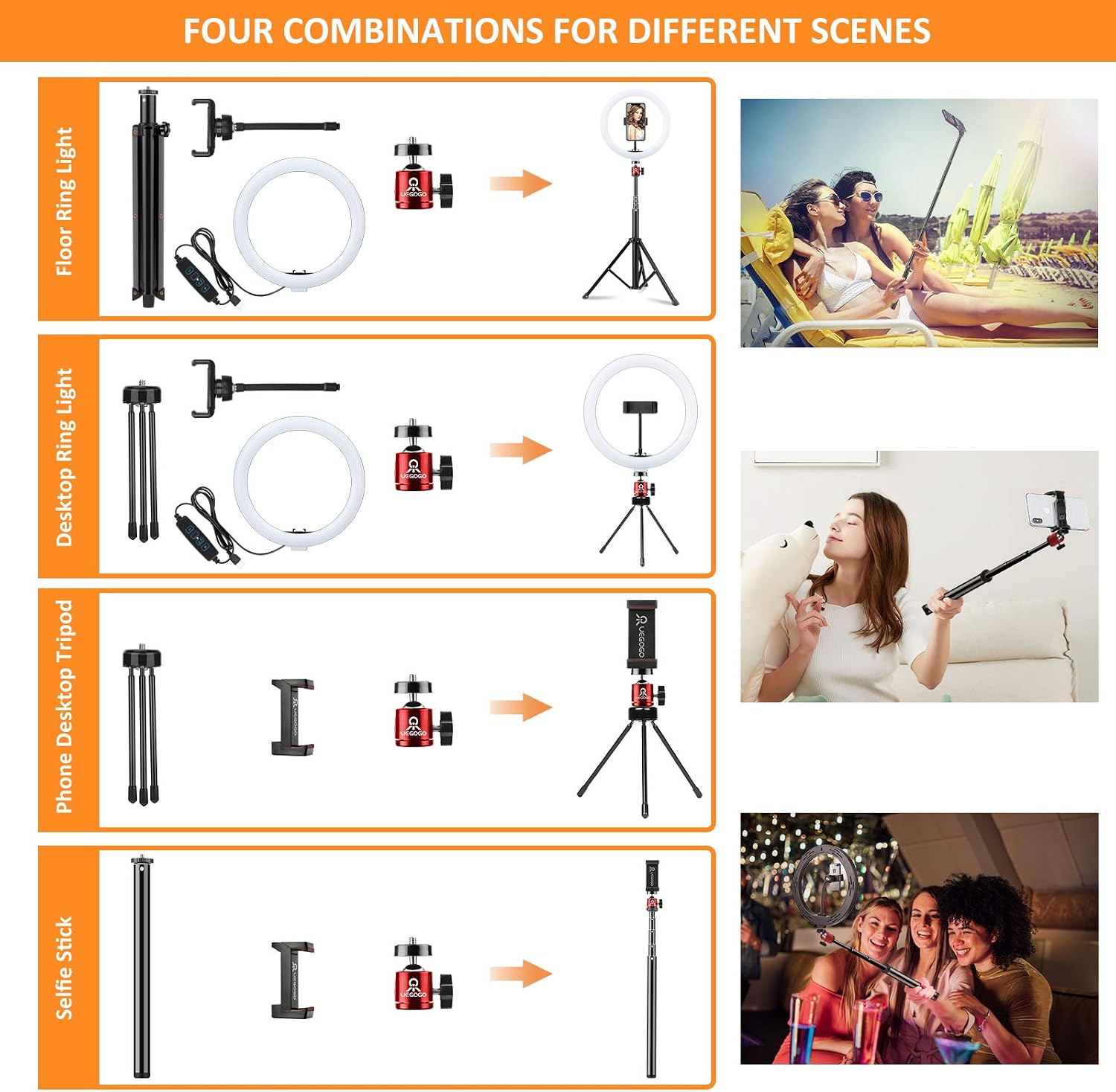 10.2 inch Selfie Ring Light with Tripod Stand & Phone Tripod Holder, UEGOGO 3 Modes LED Ringlight & Selfie Stick for Makeup/Photography/Live Streaming/YouTube TikTok, Compatible with iPhone/Android