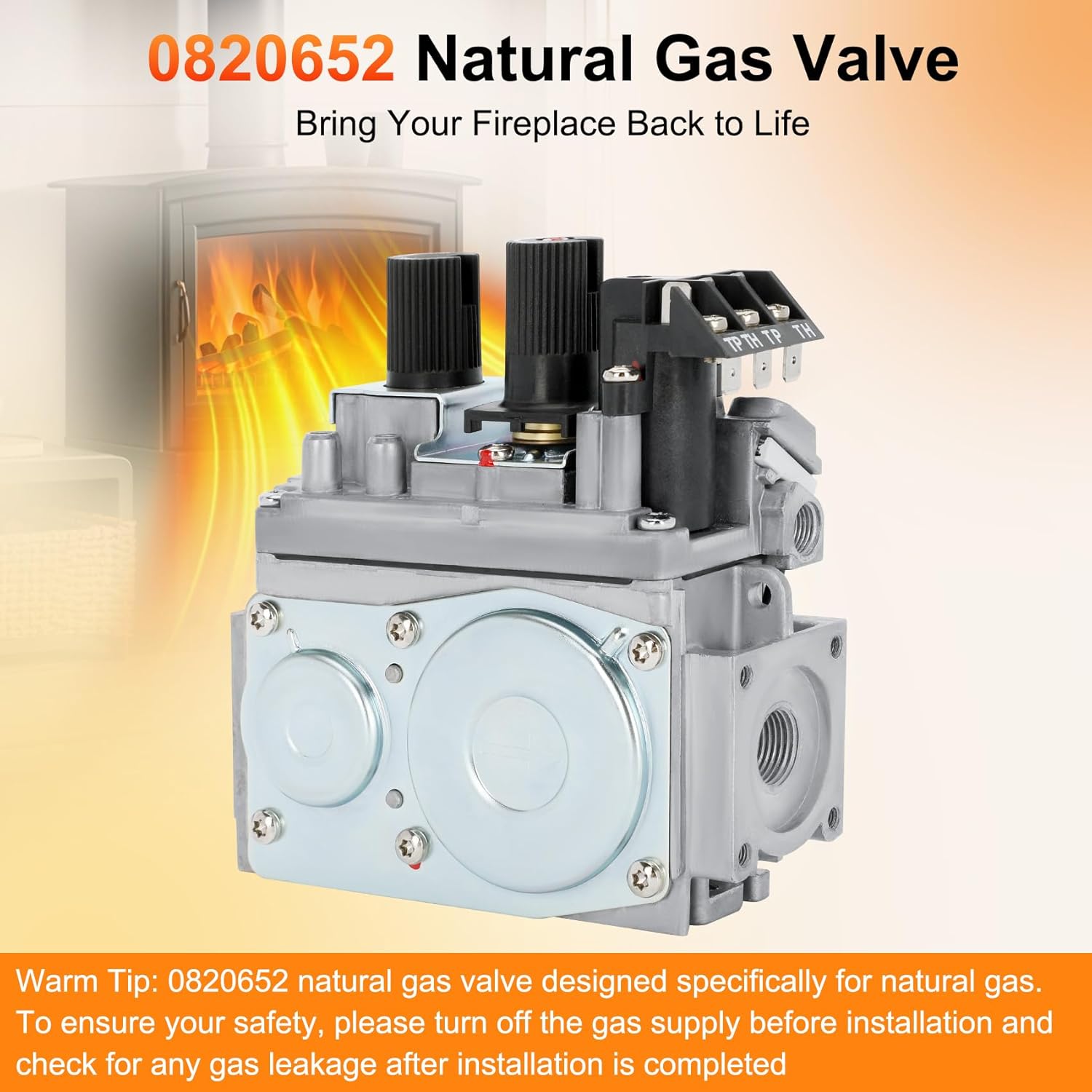 0820652 Natural Gas Fireplace Valve, Direct Vent Millivolt Gas Valve Appliances for Fireplaces, Stoves, and Gas Logs, Replacement OEM Components Compatible with 820 Series