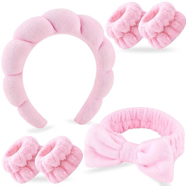 Zkptops 6Pcs Spa Headband for Washing Face Wristbands Set Women Bubble Makeup Sponge Terry Cloth Padded Puffy Skincare