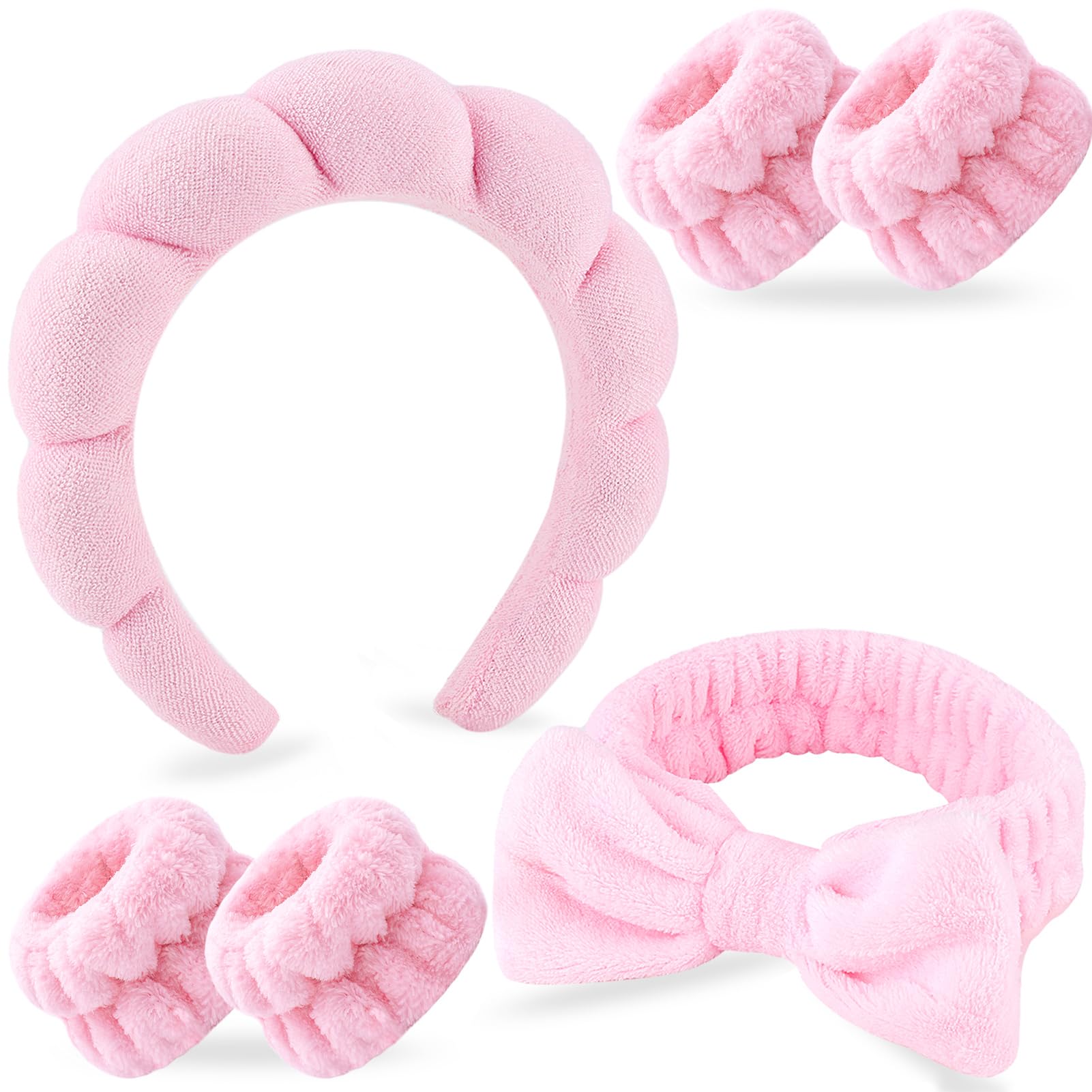 6Pcs Spa Headband for Washing Face Wristbands Set Women Bubble Skincare Makeup Sponge Terry Cloth Padded Puffy Headband Bow Tie Hairband Cute Non Slip Thick Hair Accessory Gifts(Pink)