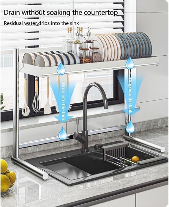 Dish Rack, Kitchen Counter Storage Shelf Supplies, Multifunctional Sink Storage, Space Saver Desktop Drain Rack, Single/Double Layer Frame for Dishes, Glasses, Bowls & Cutlery