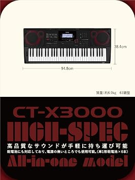 Casio CT-X3000 Electronic Keyboard, 61 Keys, 6W + 6W Large Output, High Quality 800 Tone Tones, Built-In 235 Rhythms, Various Functions for Composing DTM, 2 Power Supply, Black