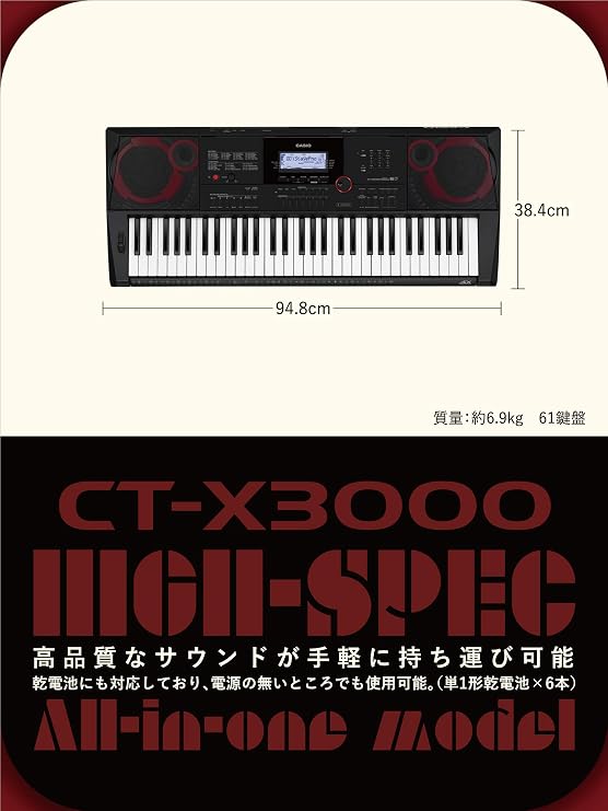 Casio CT-X3000 Electronic Keyboard, 61 Keys, 6W + 6W Large Output, High Quality 800 Tone Tones, Built-In 235 Rhythms, Various Functions for Composing DTM, 2 Power Supply, Black