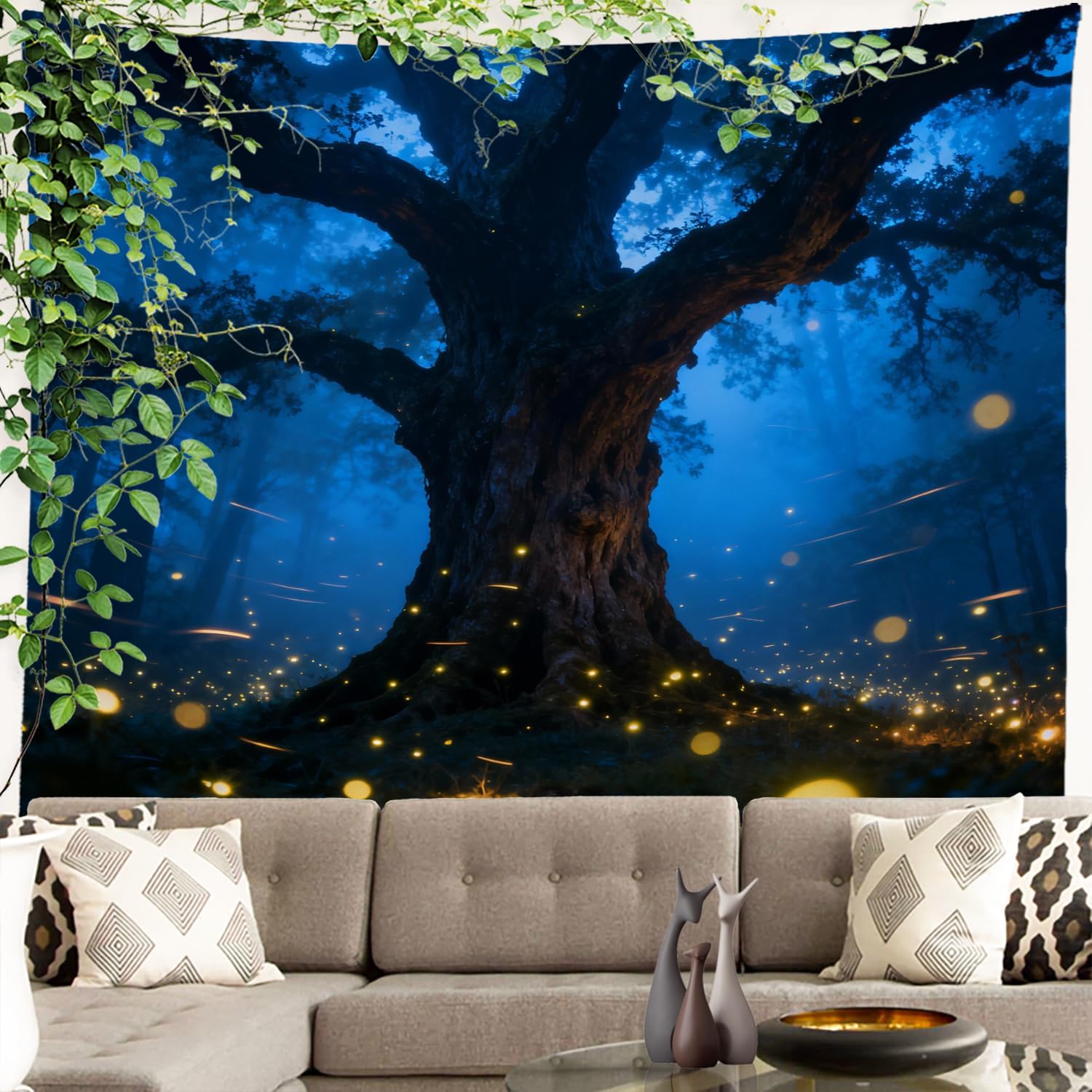 Batmerry Fairy Tree Forest Tapestry, Mystical Fantasy Forest Blue Nature Wall Art Hanging Decoration Polyester Fiber White Ruffled Around For Dorm Room Bedroom Living Room, 90.6 X 78.7 Inches