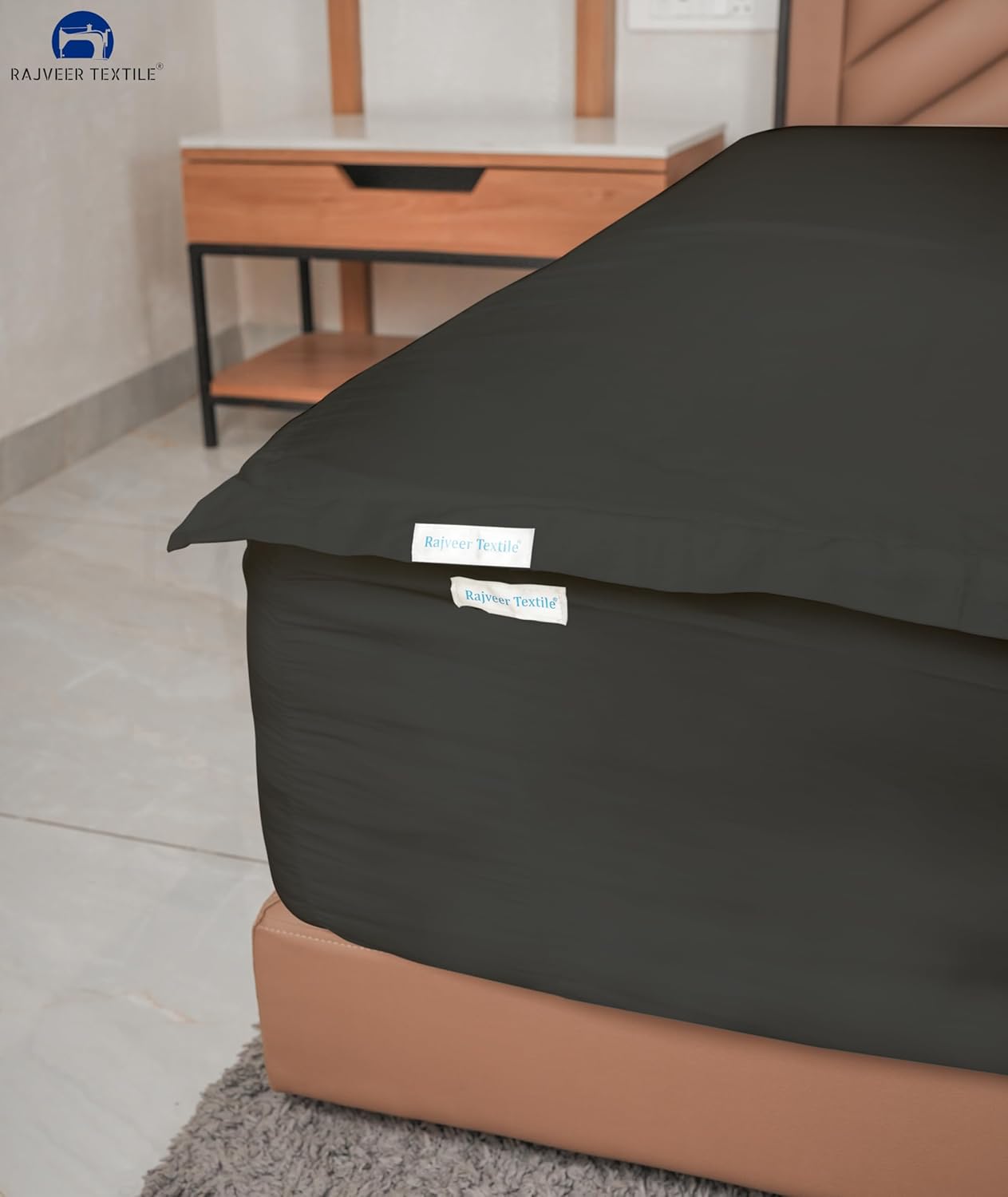 Zip On Fitted Sheet- Includes 1 Fitted Base + 2 Zip Sheet - Easy to Change, Upto 16" Inch Deep Pocket Queen Size Zipper Fitted Sheet - Soft Cotton 600 TC Fitted Sheet - Dark Grey Color