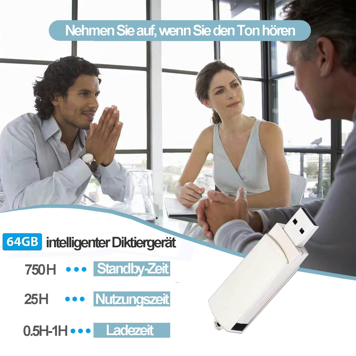 Dyktafon USB 64 GB, cyfrowy dyktafon z rozpoznawaniem mowy i nagrywaniem jednym dotknięciem, profesjonalne urządzenie do nagrywania audio, na wykłady, spotkania, wykłady (srebrny)