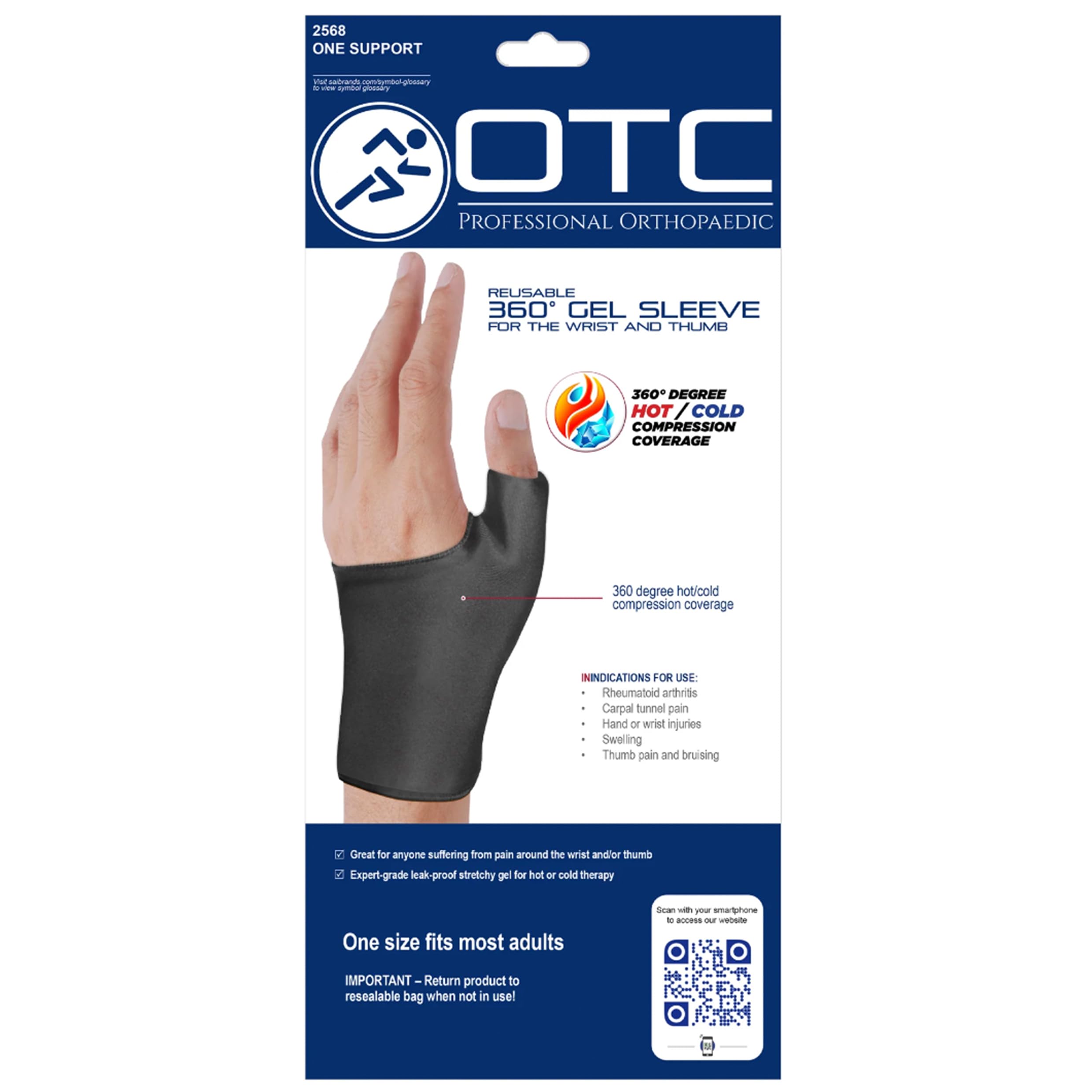 OTC Reusable 360 Degree Gel Sleeve for Wrists, Hot or Cold Compression for Hand Pain Relief, Black, Universal