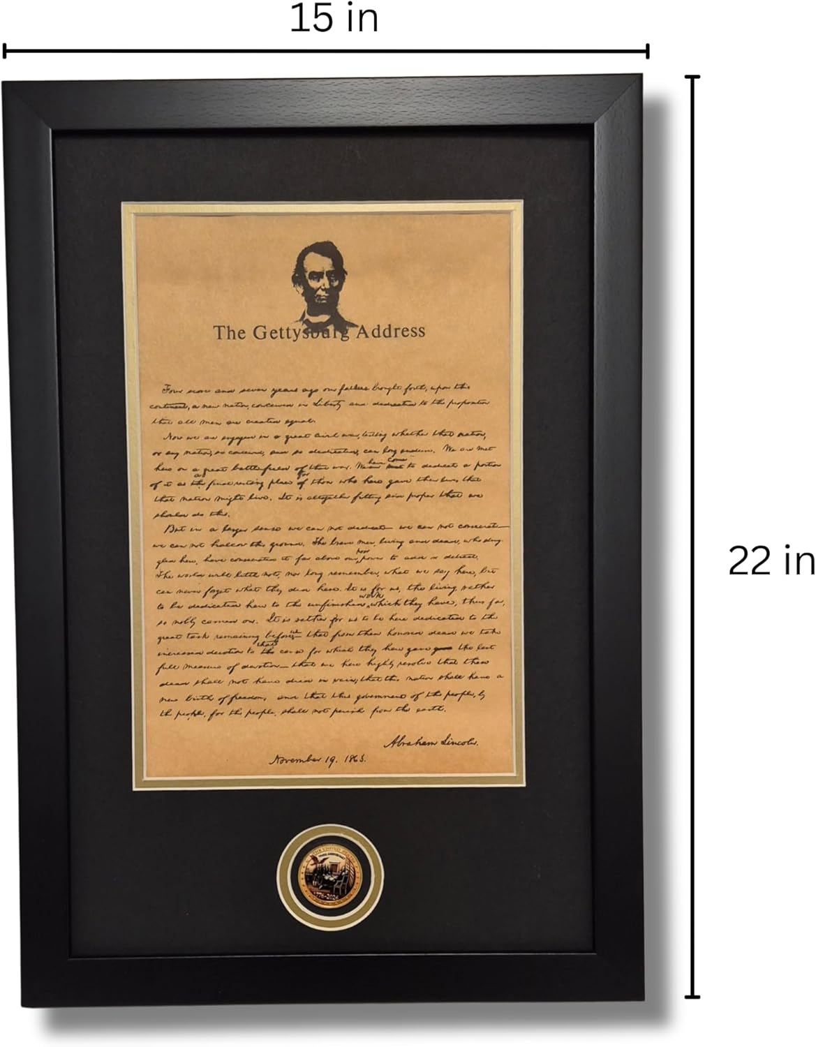 The Gettysburg Address by Abraham Lincoln Matted Framed with Coin History Buff Gift. Handmade in USA. America 250th Anniversary 1776-2026 Limited Edition