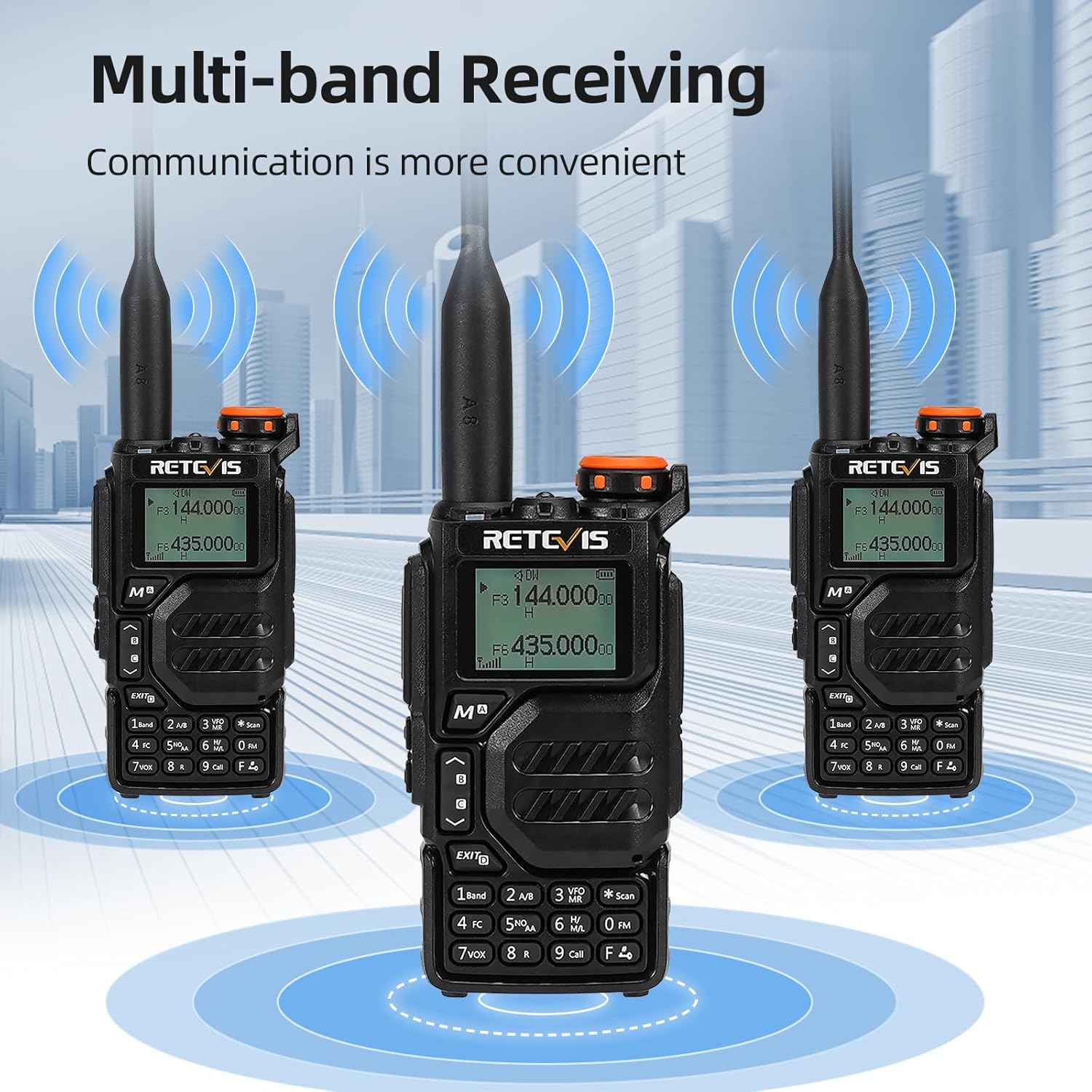 Three Retevis RA79 Walkie-Talkies demonstrating multi-band receiving capabilities.