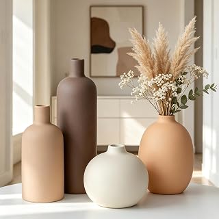 Set of 4 Decorative Ceramic Vases | Small Vase for Dinner Centre | Modern Decoration for Dried Flowers, Pampas and Bouquets | Morandi Colours