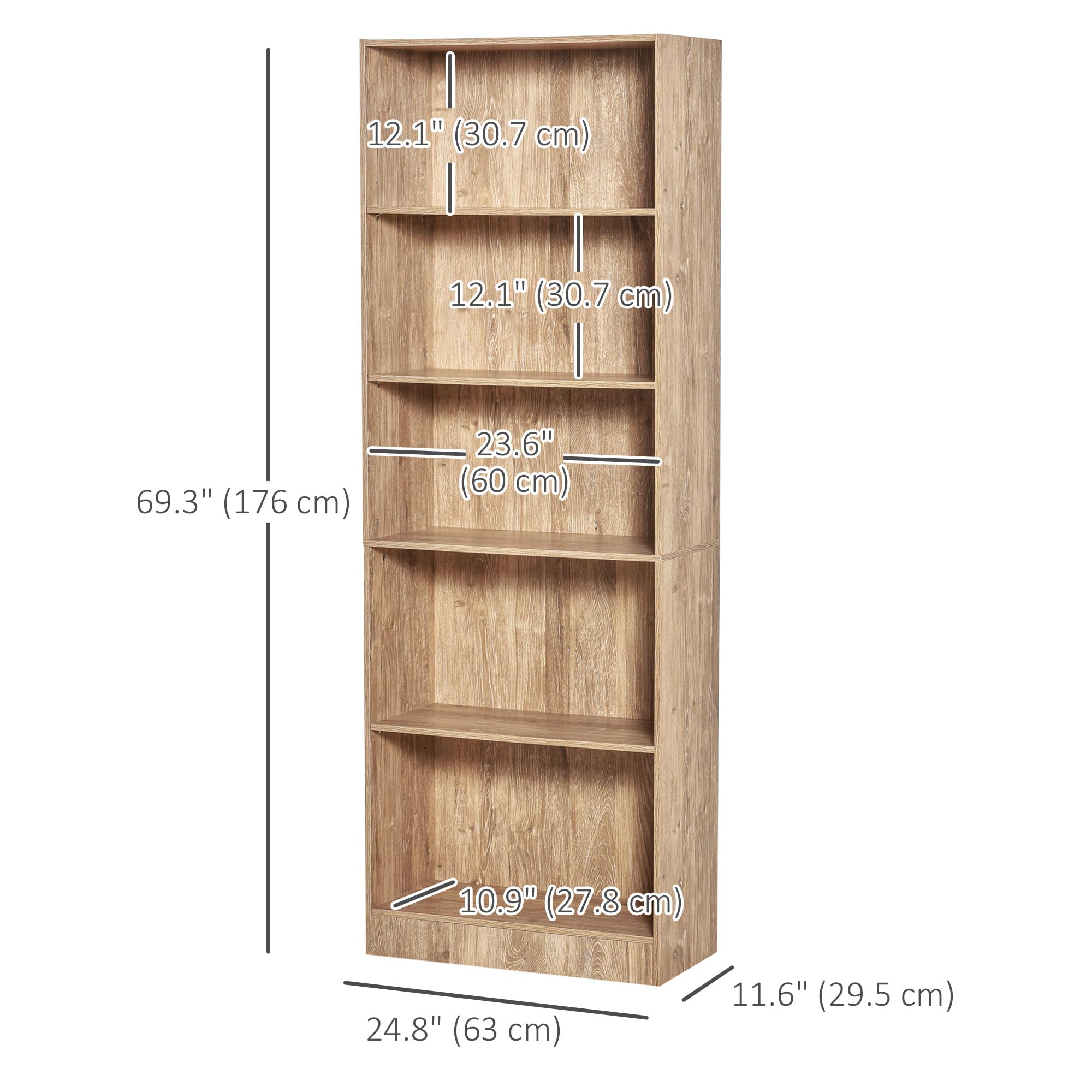 HOMCOM Librería Estantería de 5 Niveles para Libros con 3 Baldas Ajustables Antivuelco Almacenaje para Salón Oficina Estudio 63x29,5x176 cm Madera Natural