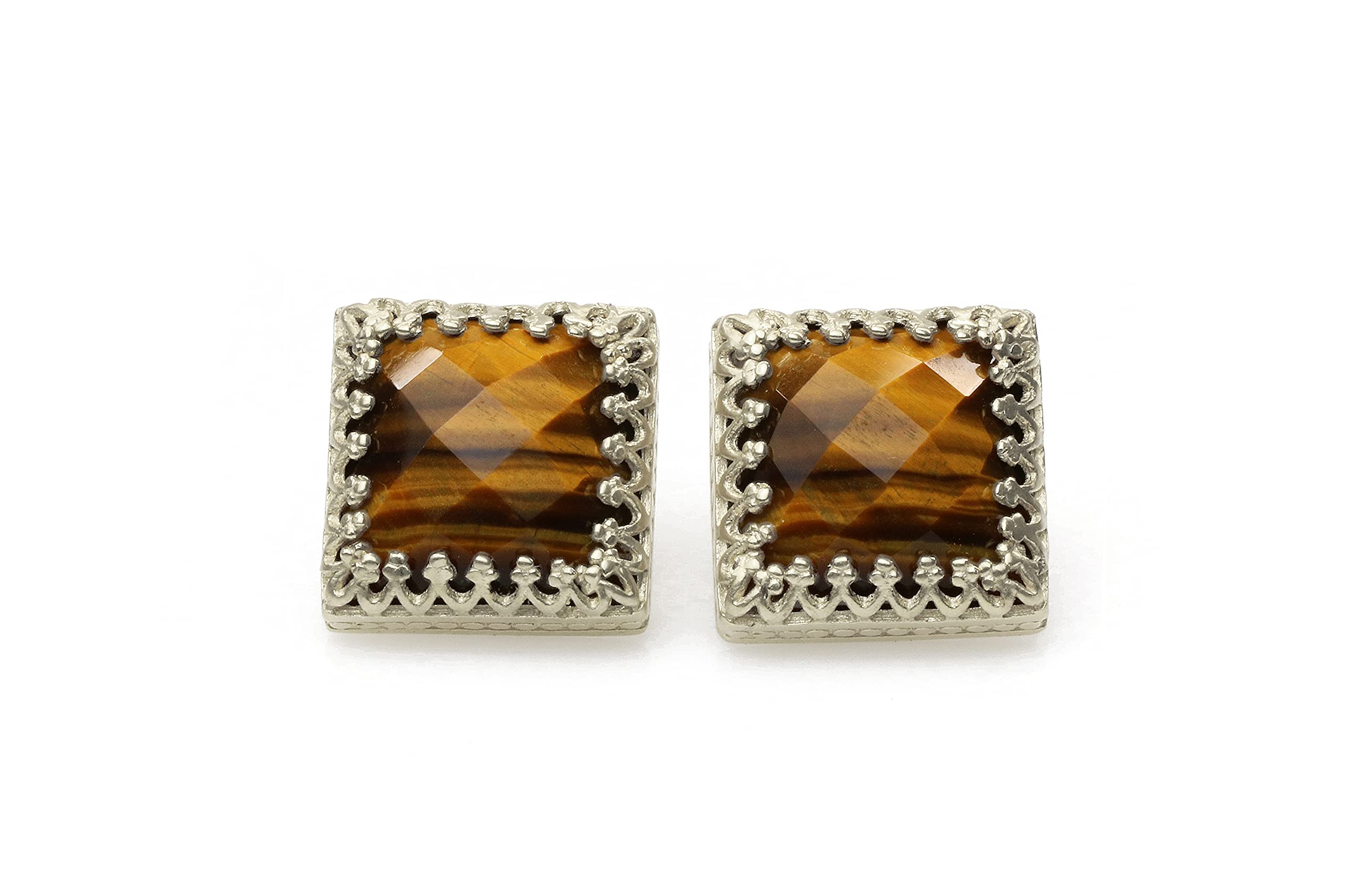 Ojo de Tigre - Pendientes Cuadrados de Piedra Preciosa para Mujer - Pendientes de Plata de Ley de Inspiración Vintage - Elegantes Joyas Hechas a Mano para Mujer - Elija su Material